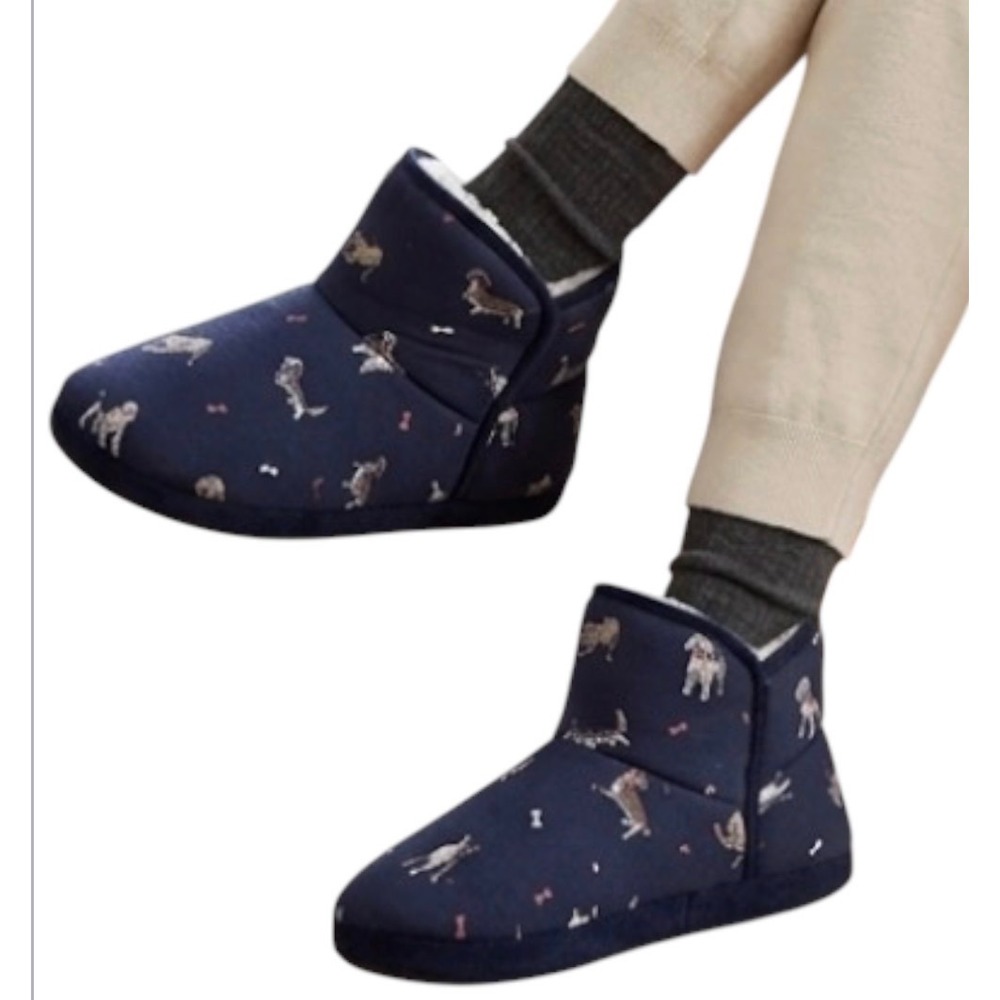 Joules Winter Cozy Slippers Size 6 US Blue Dog Print Faux Fur Pull On Style